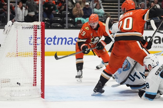 Ducks right wing Troy Terry (19) watches his game-tying goal...