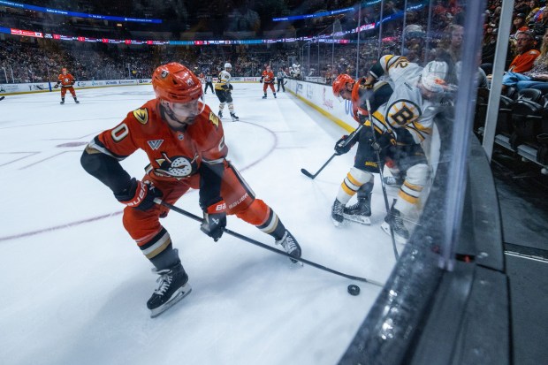 Ducks left wing Chris Kreider controls the puck during the...