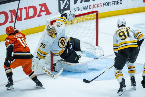 Ducks center Ryan Strome (16) scores against Boston Bruins goaltender...
