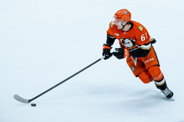 Ducks left wing Cutter Gauthier controls the puck during the...