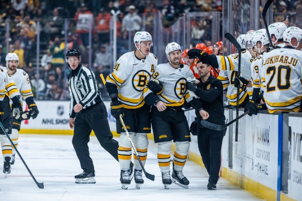 Boston Bruins left wing Jeffrey Viel (48) is helped to...