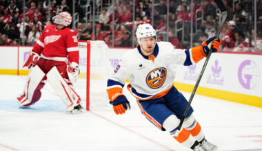 New York Islanders right wing Max Shabanov, right, reacts after scoring against Detroit Red Wings goaltender John Gibson, left, during the third period of an NHL hockey game Thursday, Nov. 20, 2025, in Detroit. (AP Photo/Ryan Sun)