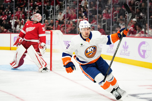 New York Islanders right wing Max Shabanov, right, reacts after scoring against Detroit Red Wings goaltender John Gibson, left, during the third period of an NHL hockey game Thursday, Nov. 20, 2025, in Detroit. (AP Photo/Ryan Sun)