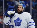 Toronto Maple Leafs goaltender Anthony Stolarz takes a drink during a game against the Flyers in Philadelphia.