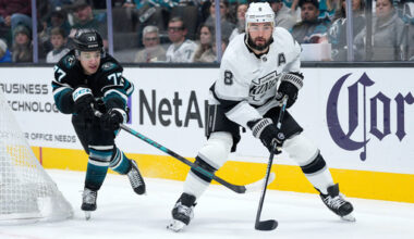 Los Angeles Kings defenseman Drew Doughty (8) looks to pass the puck against San Jose Sharks center Michael Misa (77) during the first period of an NHL hockey game in San Jose, Calif., Tuesday, Oct. 28, 2025. (AP Photo/Tony Avelar)