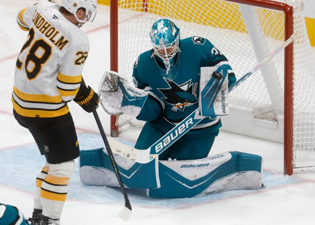 San Jose Sharks goaltender Yaroslav Askarov (30) blocks a shot...