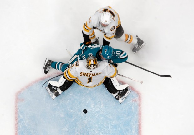 San Jose Sharks' Ty Dellandrea (10) collides with Boston Bruins...