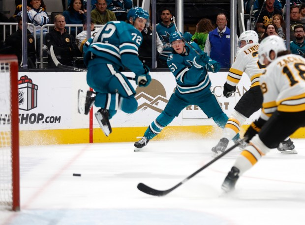 San Jose Sharks' Collin Graf (51) scores an empty net...