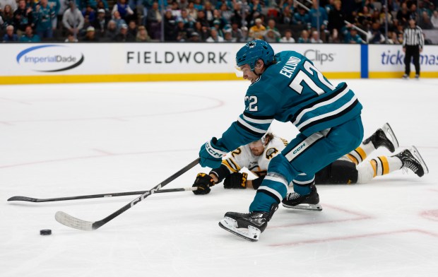 San Jose Sharks' William Eklund (72) takes a shot on...