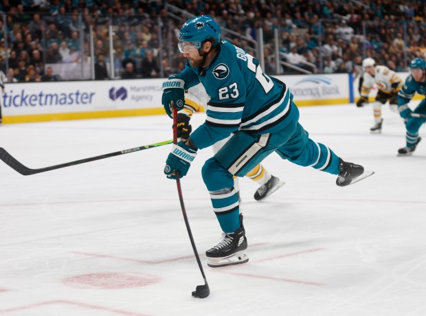 San Jose Sharks' Barclay Goodrow (23) takes a shot on...