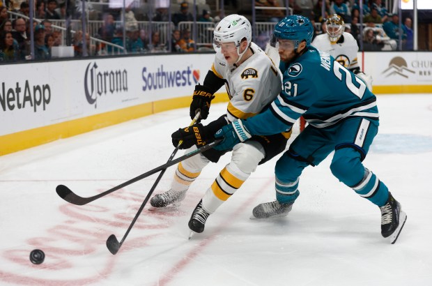 San Jose Sharks' Alexander Wennberg (21) fights for the puck...