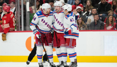 New York Rangers left wing Alexis Lafreni&egrave;re, center, celebrates his goal with defenseman Vladislav Gavrikov, left, and left wing Conor Sheary during the third period of an NHL hockey game against the Detroit Red Wings Friday, Nov. 7, 2025, in Detroit. (AP Photo/Ryan Sun)