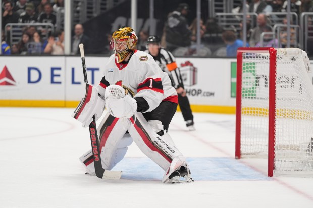 Ottawa Senators goaltender Leevi Merilainen guards his net during the...