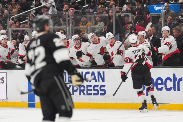 Ottawa Senators left wing Fabian Zetterlund (20) celebrates his goal...