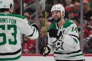 Dallas Stars center Wyatt Johnston, left, and left wing Jamie Benn celebrate Johnston's goal...