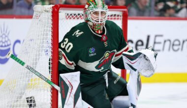 Minnesota Wild goaltender Jesper Wallstedt (30) defends his net against the Anaheim Ducks during the second period of an NHL hockey game, Saturday, Nov. 15, 2025, in St. Paul, Minn. (AP Photo/Matt Krohn)