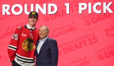 Mason West after getting picked by the Blackhawks in the 2025 NHL Draft