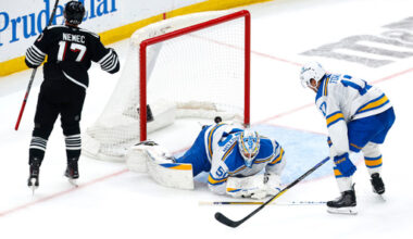 St. Louis Blues goaltender Jordan Binnington (50) and defenseman Cam Fowler (17) react after the game winning goal by New Jersey Devils defenseman Simon Nemec (17) during overtime of an NHL hockey game, Wednesday, Nov. 26, 2025, in Newark, N.J. (AP Photo/Noah K. Murray)