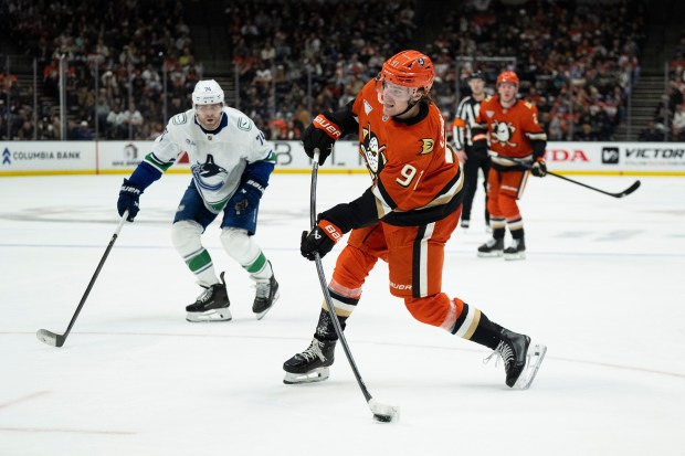 Ducks center Leo Carlsson shoots the puck during the third...