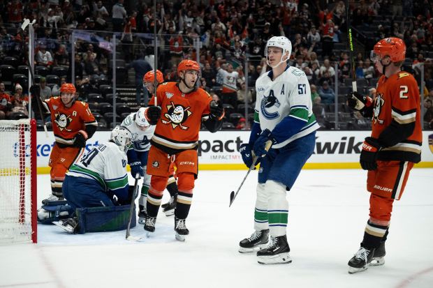 Ducks left wing Cutter Gauthier (61) reacts after scoring a...