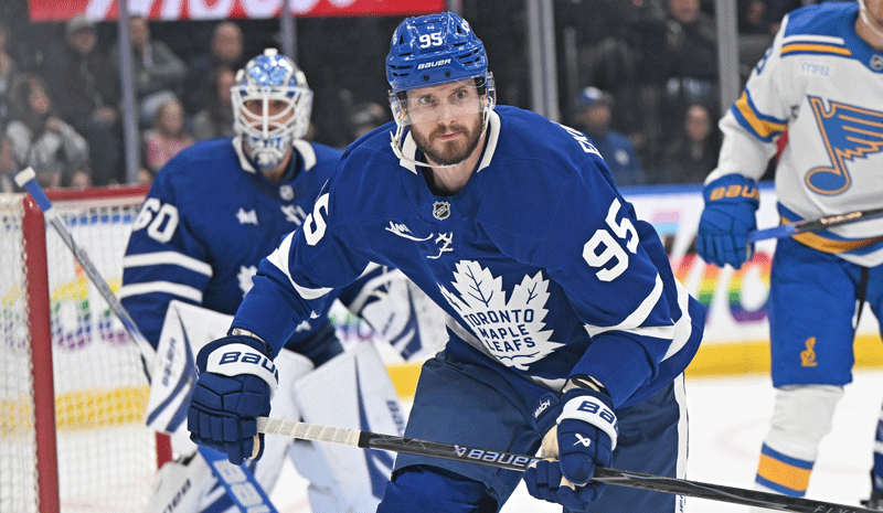 Toronto Maple Leafs defenseman Oliver Ekman-Larsson (95) pursues the play against the St. Louis Blues in the second period at Scotiabank Arena.