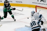 Dallas Stars center Wyatt Johnston (53) scores a goal against Utah Mammoth goaltender Vitek...