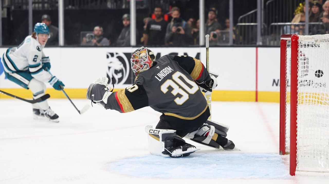 Hertl scores twice, Lindbom gets his 1st NHL win in the Knights' 4-3 victory over the Sharks