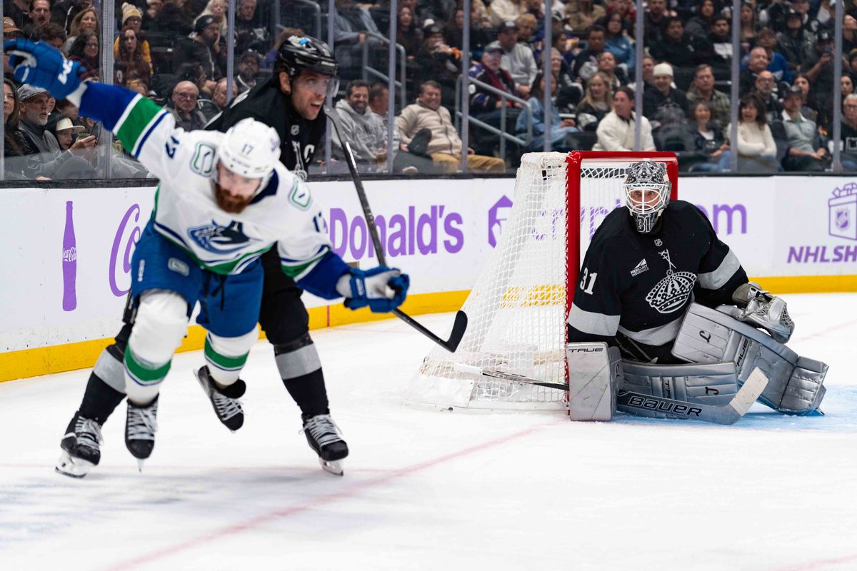 Los Angeles Kings goalie Anton Forsberg (31) defends during an NHL game between the Vancouver Canucks and the Los Angeles Kings, Saturday November 29, 2025 at Crypto.com Arena in Los Angeles, Calif.