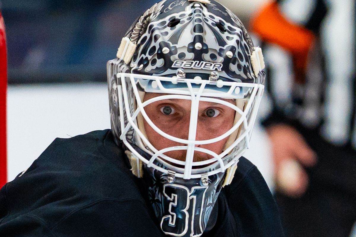 Los Angeles Kings goalie Anton Forsberg (31) looks on during an NHL game between the Vancouver Canucks and the Los Angeles Kings, Saturday November 29, 2025 at Crypto.com Arena in Los Angeles, Calif.