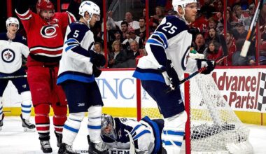 Canes forward Jordan Staal celebrates forward Teuvo Teravainen's goal 18:31 into the first period at PNC Arena on Sunday March 4. Staal also scored in in a 3-2 loss to the Winnipeg Jets Sunday.