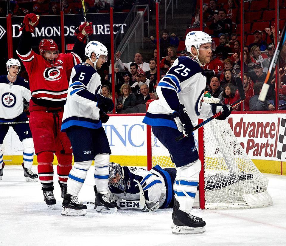 Canes forward Jordan Staal celebrates forward Teuvo Teravainen's goal 18:31 into the first period at PNC Arena on Sunday March 4. Staal also scored in in a 3-2 loss to the Winnipeg Jets Sunday.