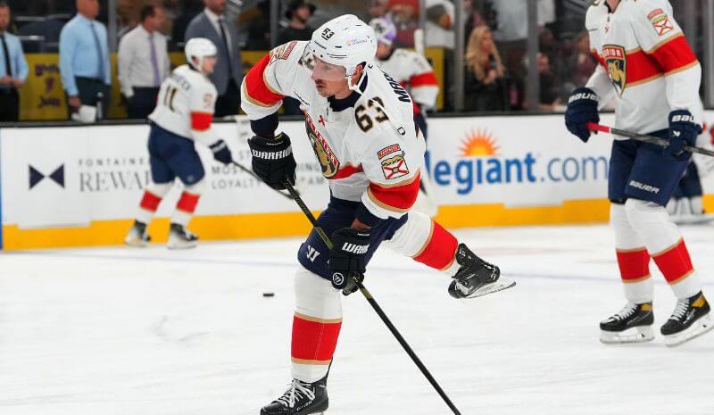 Florida Panthers left wing Brad Marchand (63) warms up before a game.