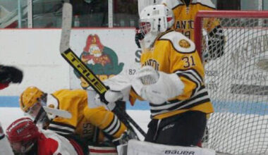 Canton Golden Bears goalie Daniel Creurer stands tall in the crease in boys varsity hockey action. Photo submitted by Canton Central School.