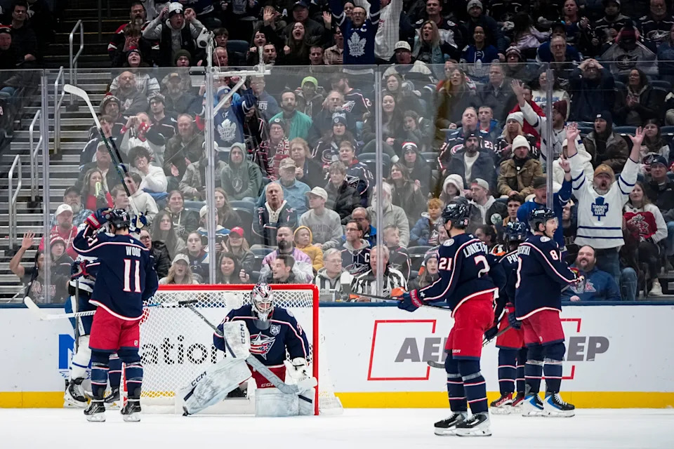 Columbus Blue Jackets react following a goal by Toronto Maple Leafs right wing Easton Cowan (53) during the third period of the NHL hockey game at Nationwide Arena in Columbus on Nov. 26, 2025. The Blue Jackets lost 2-1 in overtime.