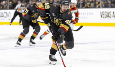 Golden Knights center Tomas Hertl (48) controls the puck during the third period of the NHL hoc ...