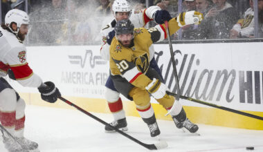 Golden Knights left wing Brandon Saad (20) and Florida Panthers center Evan Rodrigues (17) vie ...