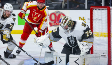 Silver Knights goaltender Carter Hart (79) defends the net during the second period of an AHL h ...
