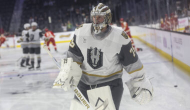 Silver Knights goaltender Carter Hart (79) warms up before an AHL hockey game against the Calga ...