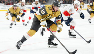 Vegas Golden Knights right wing Reilly Smith (19) skates against Florida Panthers defenseman Do ...
