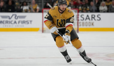 Vegas Golden Knights defenseman Shea Theodore (27) plays against the Los Angeles Kings during a ...