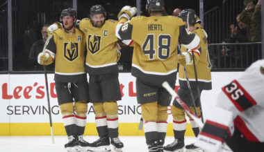 Golden Knights right wing Mark Stone, second from left, celebrates his goal with teammates duri ...