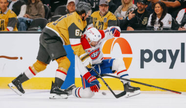 Golden Knights right wing Mark Stone (61) and Montréal Canadiens center Nick Suzuki (14) c ...