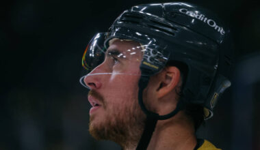Golden Knights right wing Reilly Smith (19) skates onto the ice for the second period of the ga ...