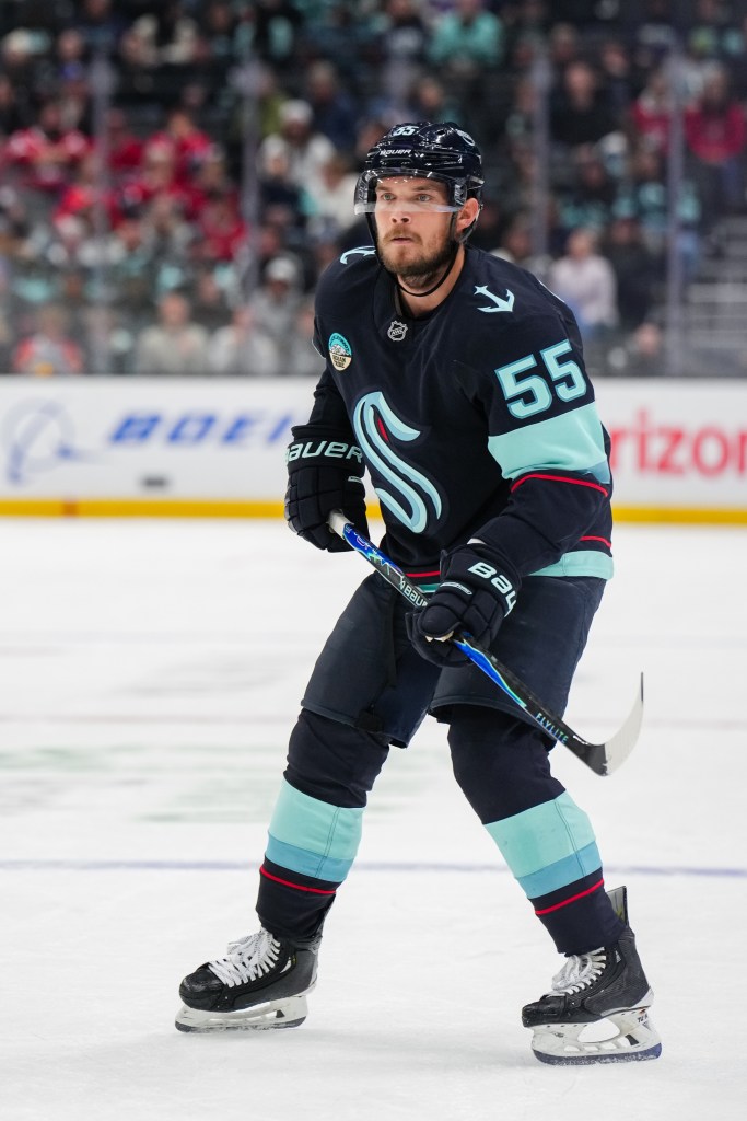 Ryan Lindgren #55 of the Seattle Kraken skates during the first period a game against the Montréal Canadiens at Climate Pledge Arena on October 28, 2025 in Seattle, Washington. 