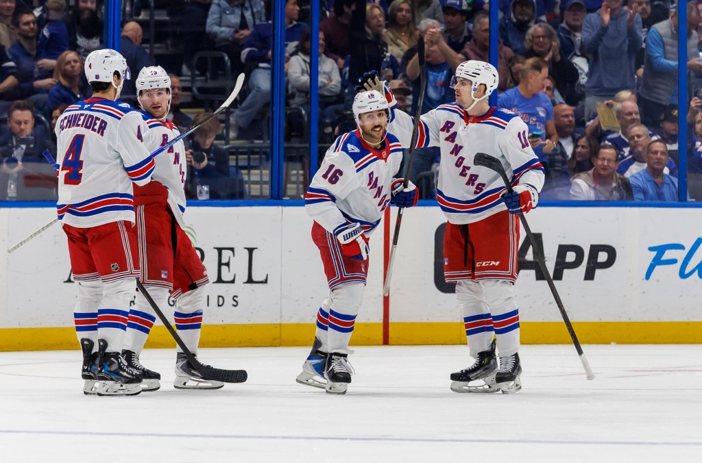 Vincent Trocheck #16 of the New York Rangers celebrates a goal against the Tampa Bay Lightning at Benchmark International Arena on November 12, 2025 in Tampa, Florida.