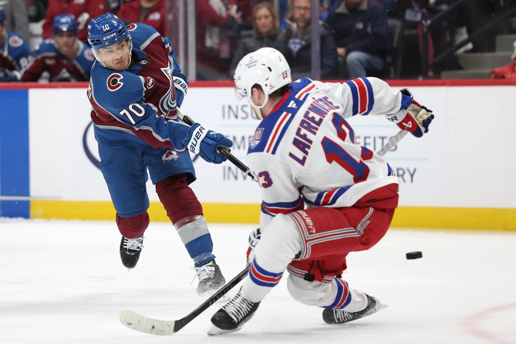 Sam Malinski #70 of the Colorado Avalanche fires a shot against the New York Rangers in the second period at Ball Arena on November 20, 2025 in Denver, Colorado. 