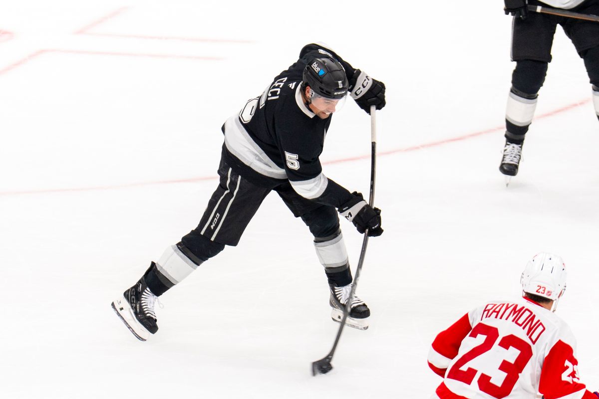 Los Angeles Kings D Cody Ceci (5) clears the puck during an NHL game against the Detroit Red Wings, Wednesday October 30th, 2025 in Los Angeles, California. 