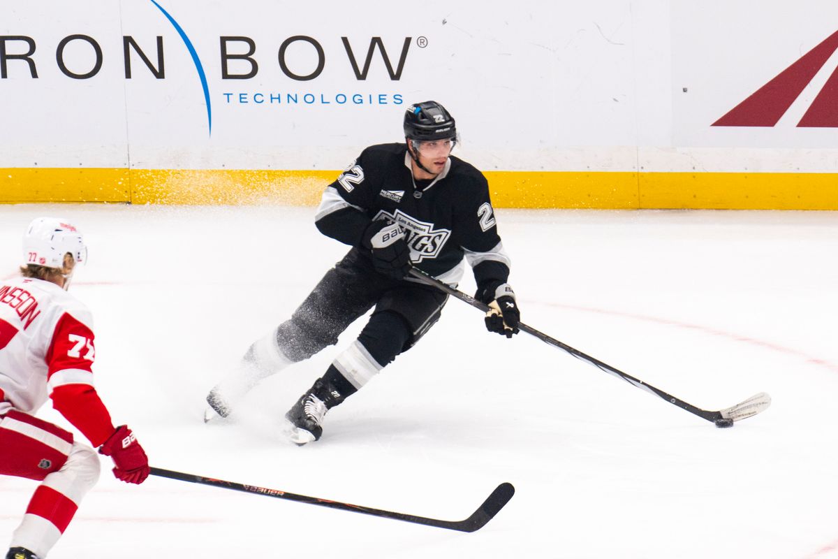 Los Angeles Kings LW Kevin Fiala (22) stops the puck during an NHL game against the Detroit Red Wings, Wednesday October 30th, 2025 in Los Angeles, California. 