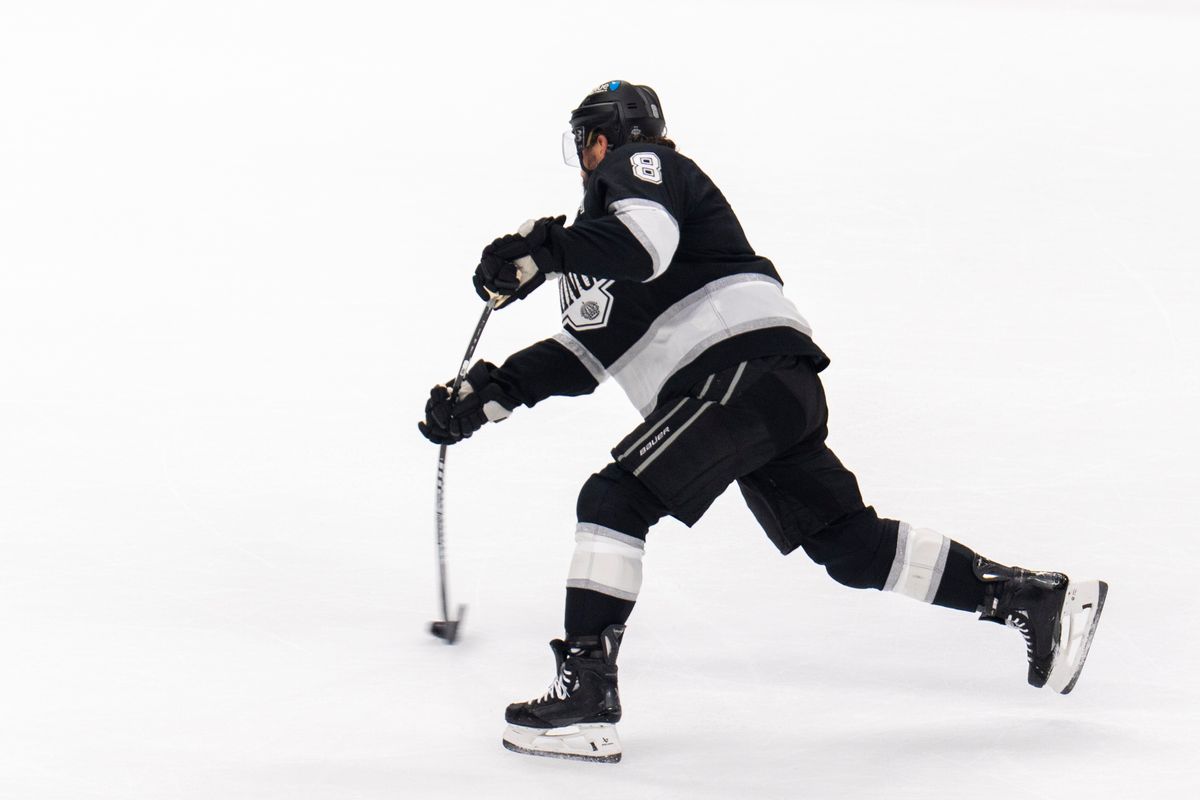 Los Angeles Kings D Drew Daughty (8) takes a shot on goal during an NHL game against the Detroit Red Wings, Wednesday October 30th, 2025 in Los Angeles, California. 