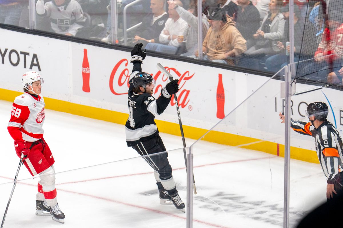 Los Angeles Kings RW Alex Laferriere (14) celebrates his goal during an NHL game against the Detroit Red Wings, Wednesday October 30th, 2025 in Los Angeles, California. 